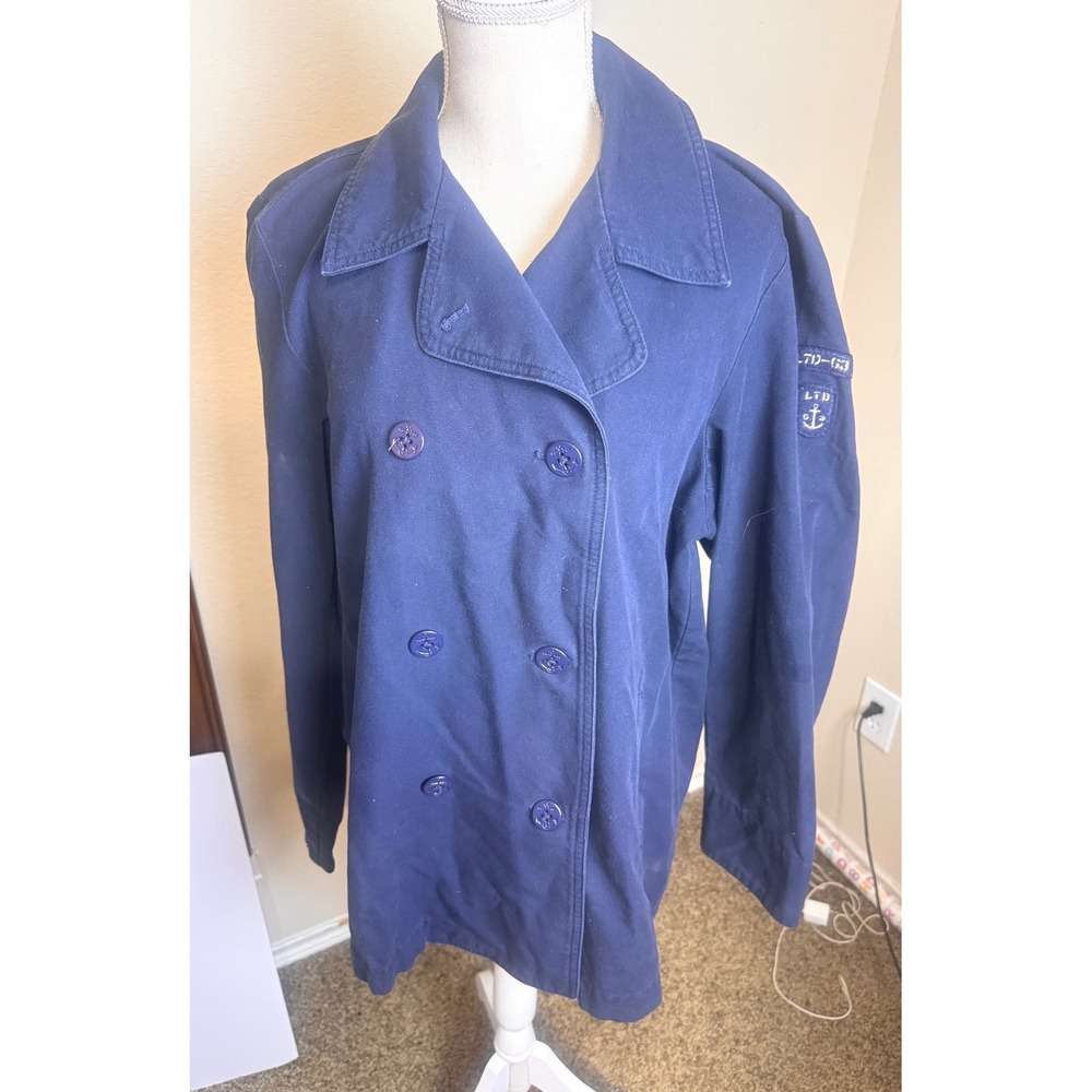 The Limited Womens Navy Blue Cotton Canvas Pea Coat Nautical Anchor Patch Size L
